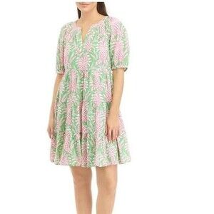 Crown & Ivy 100% Cotton Pink Green Pineapple Tiered Puff Sleeve Dress Size 4X